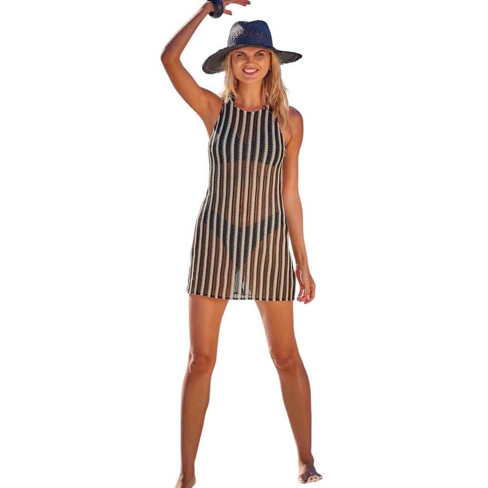 NWT Becca Cabo High Neck Crochet Cover Up Dress Sheer Stripe Beach Swim Small